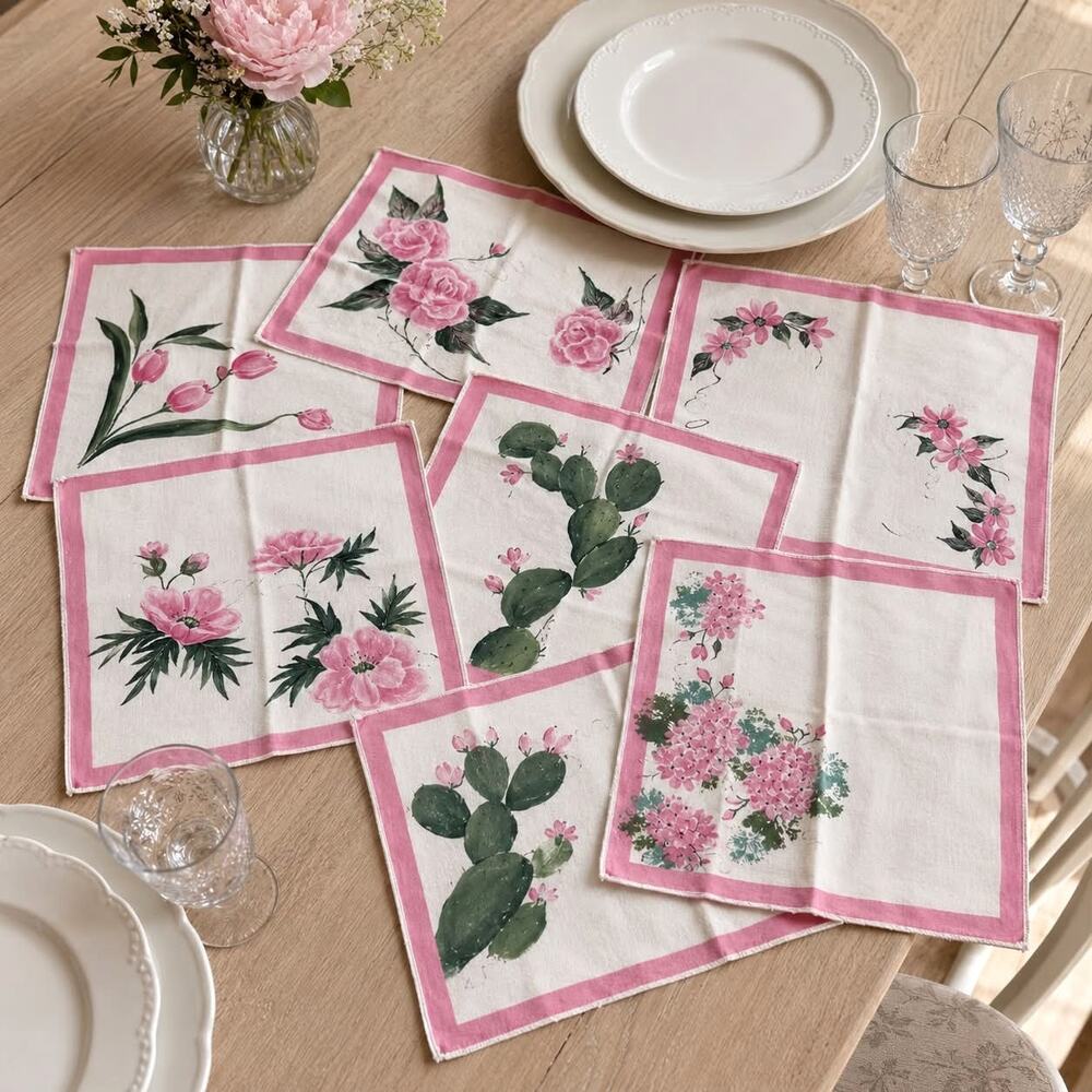 Vintage 8 Hand Painted Floral Cloth Napkins Pink Flowers Cactus Cottage Linens